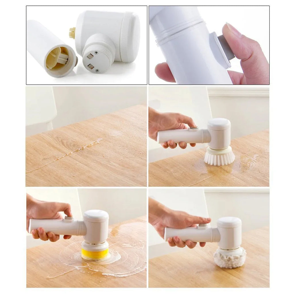 White electric cleaning brush with three interchangeable heads for household surfaces