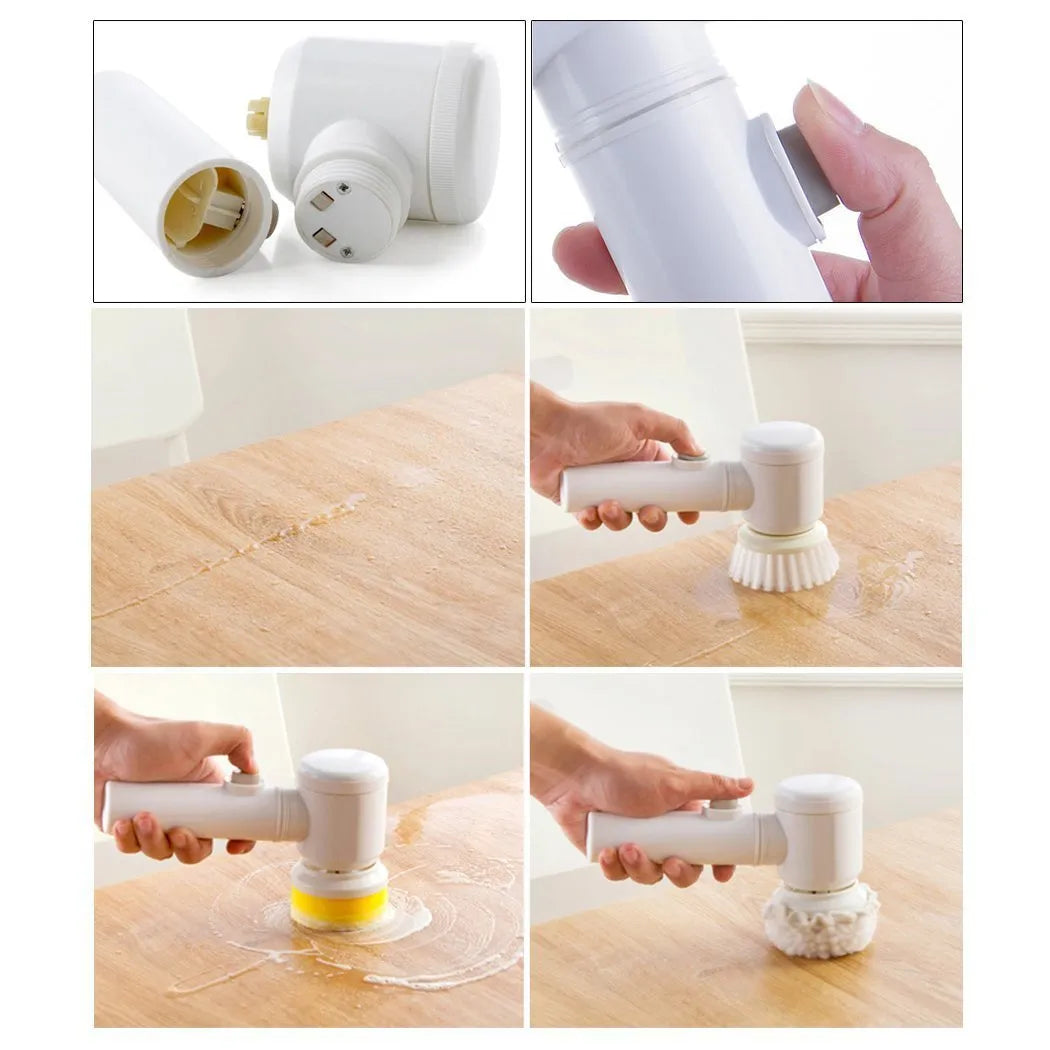 White electric cleaning brush with three interchangeable heads for household surfaces