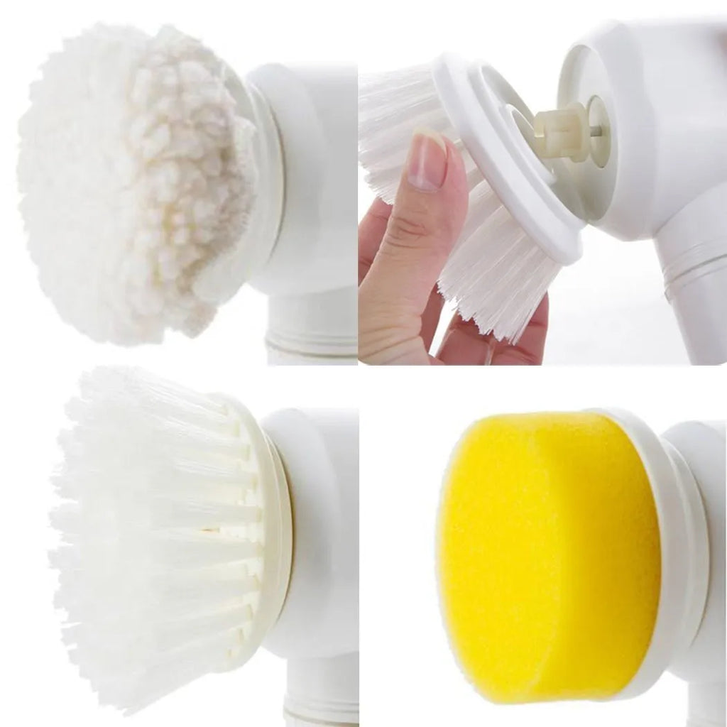 White electric cleaning brush with three interchangeable heads for household surfaces