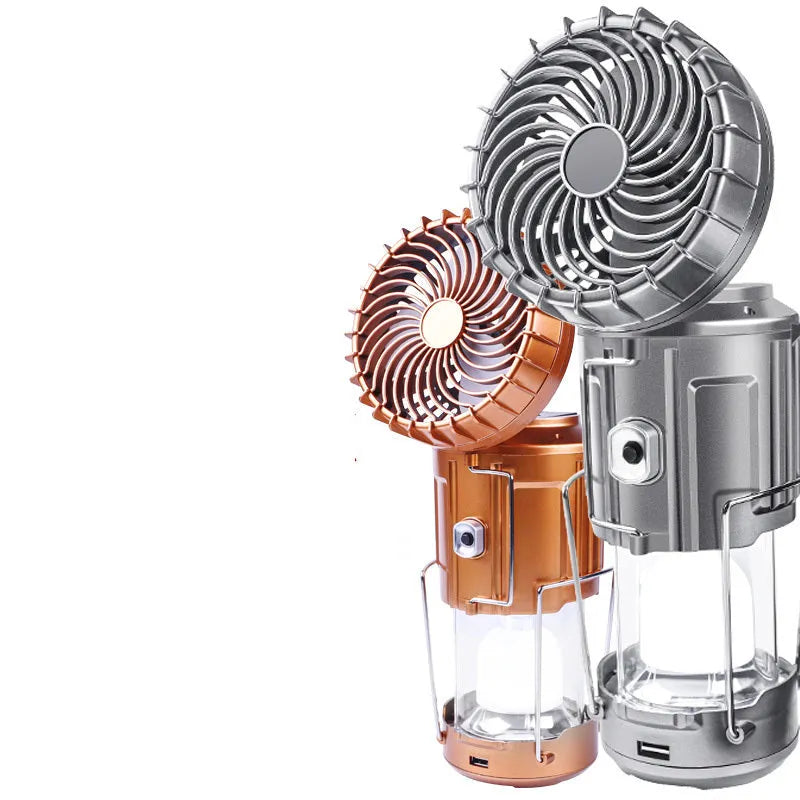 Solar electric fan lantern with waterproof casing and LED light in silver colour for camping use