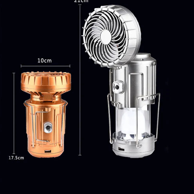 Solar electric fan lantern with waterproof casing and LED light in silver colour for camping use