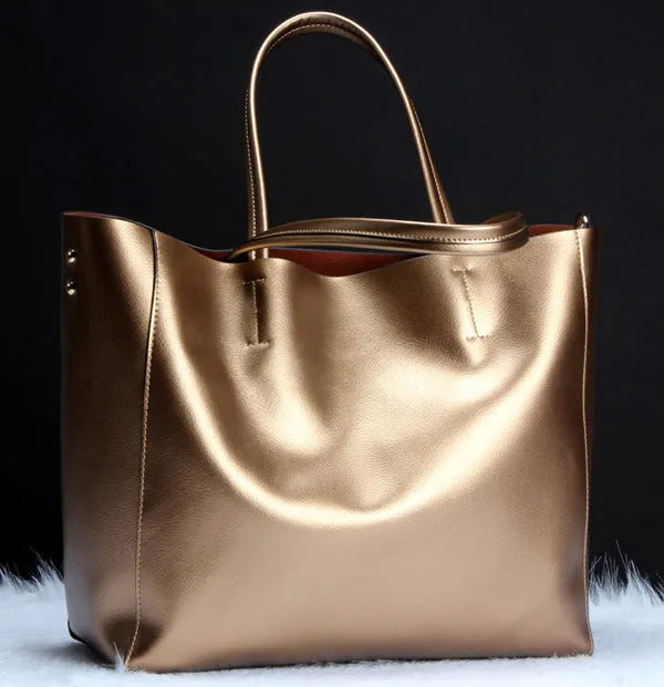 Women's cowhide leather shoulder bag in six colours showing silver, bronze, wine red, red, blue, and black options with removable strap.