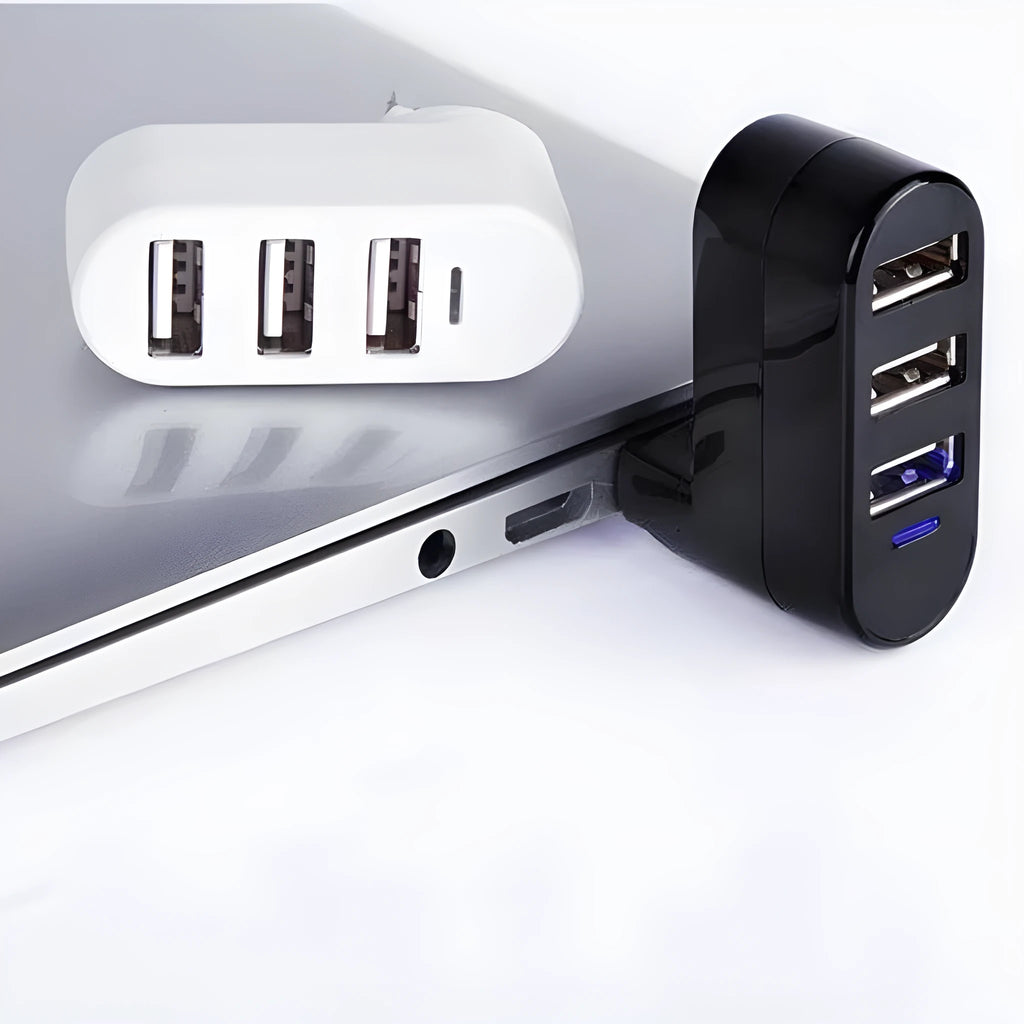 Black and white USB hub with spinning colour indicator showing USB 2.0 multi-interface expansion ports