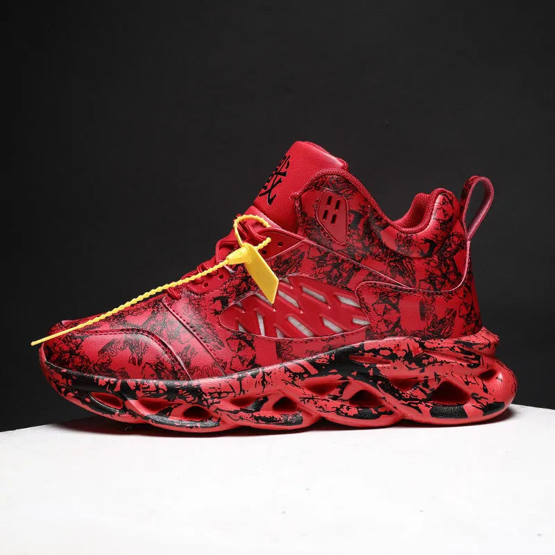 Men's high-top camouflage basketball shoes in black, green, red, and white colour options.