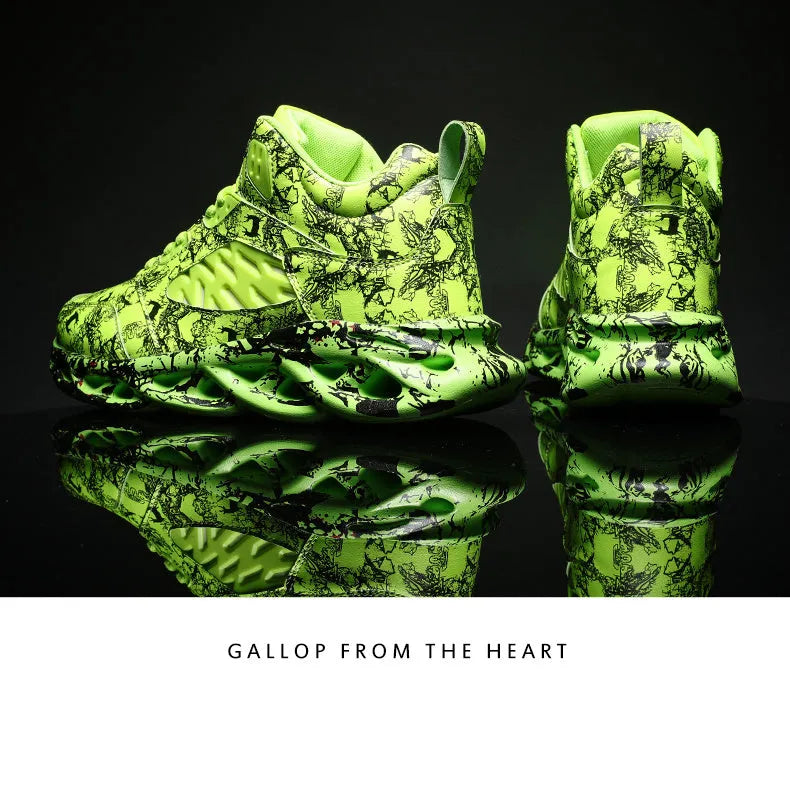 Men's high-top camouflage basketball shoes in black, green, red, and white colour options.