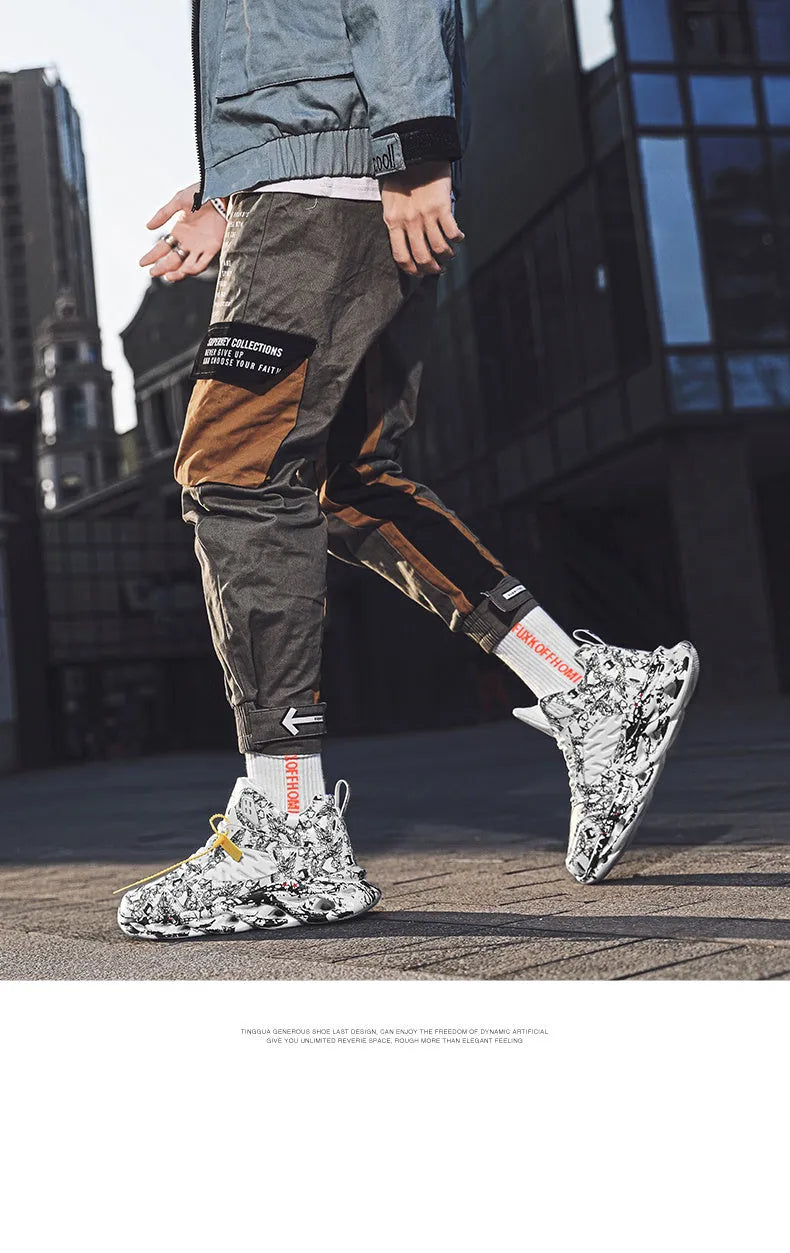 Men's high-top camouflage basketball shoes in black, green, red, and white colour options.