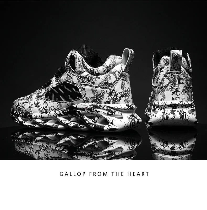 Men's high-top camouflage basketball shoes in black, green, red, and white colour options.