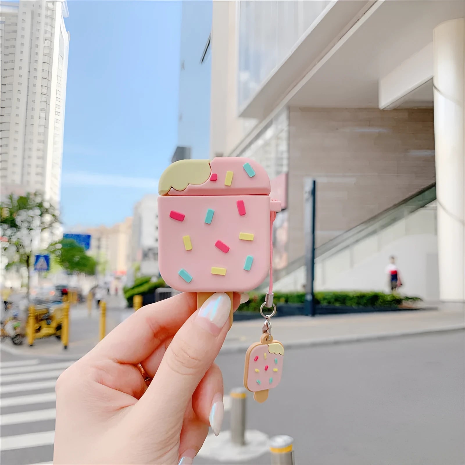 Pink and brown sandwich ice cream design silicone cover for AirPods charging case with pendant accessory