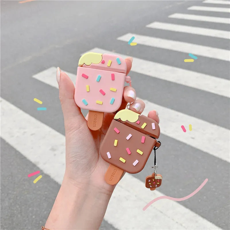 Pink and brown sandwich ice cream design silicone cover for AirPods charging case with pendant accessory