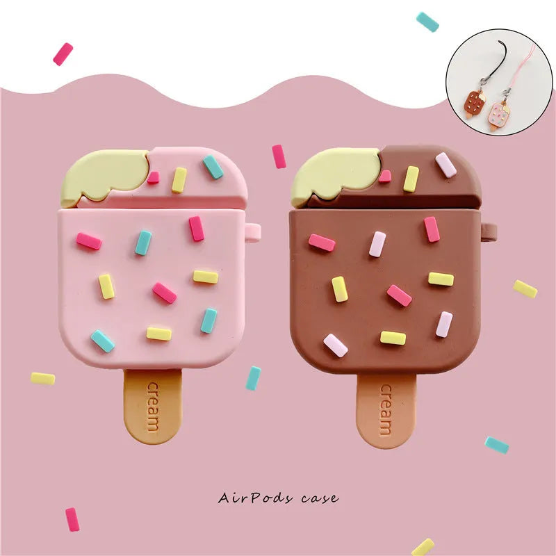 Pink and brown sandwich ice cream design silicone cover for AirPods charging case with pendant accessory
