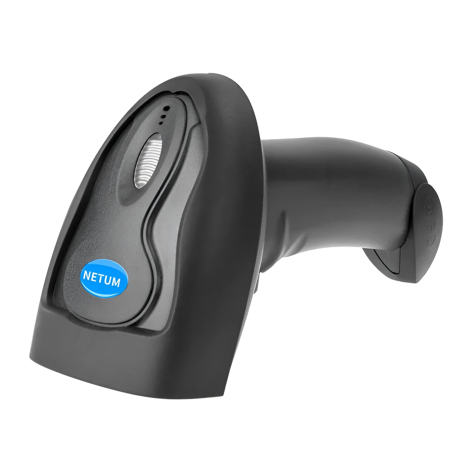 Black wireless handheld laser barcode scanner with USB cable.
