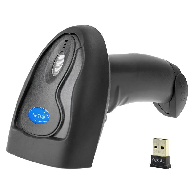 Black wireless handheld laser barcode scanner with USB cable.