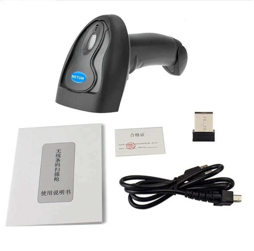 Black wireless handheld laser barcode scanner with USB cable.