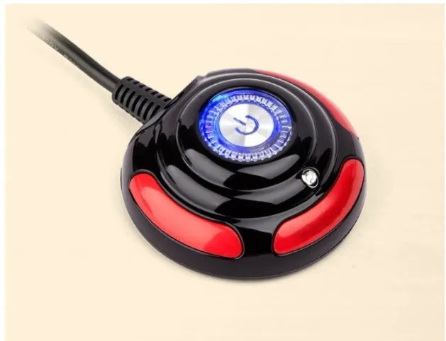 Black and red desktop computer switch with on/off button, reset button, and 1.6 metre cable