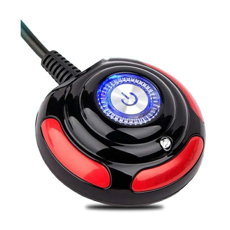 Black and red desktop computer switch with on/off button, reset button, and 1.6 metre cable