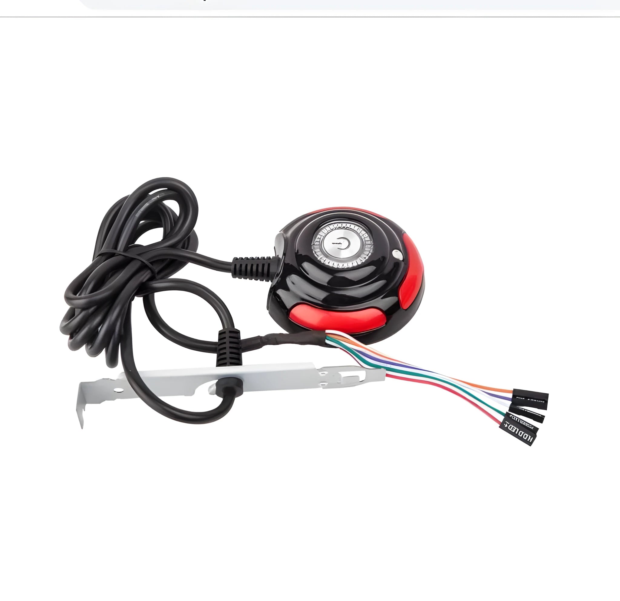 Black and red desktop computer switch with on/off button, reset button, and 1.6 metre cable