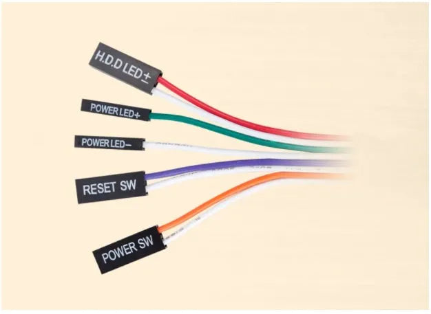 Black and red desktop computer switch with on/off button, reset button, and 1.6 metre cable