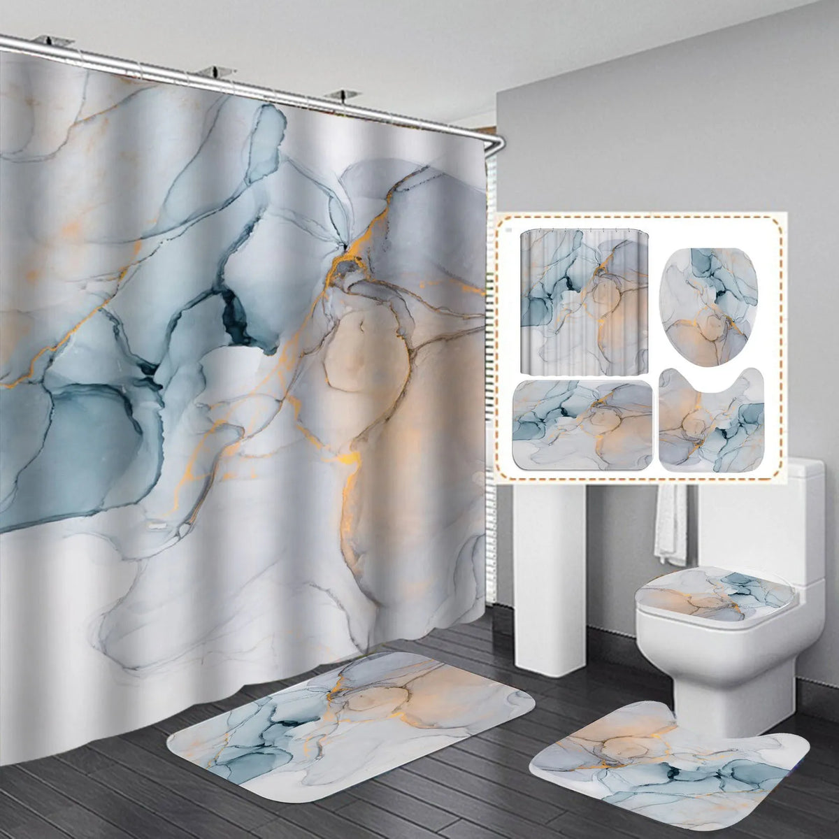 3D geometric waterproof polyester shower curtain with flannel bath mats in a modern bathroom setting