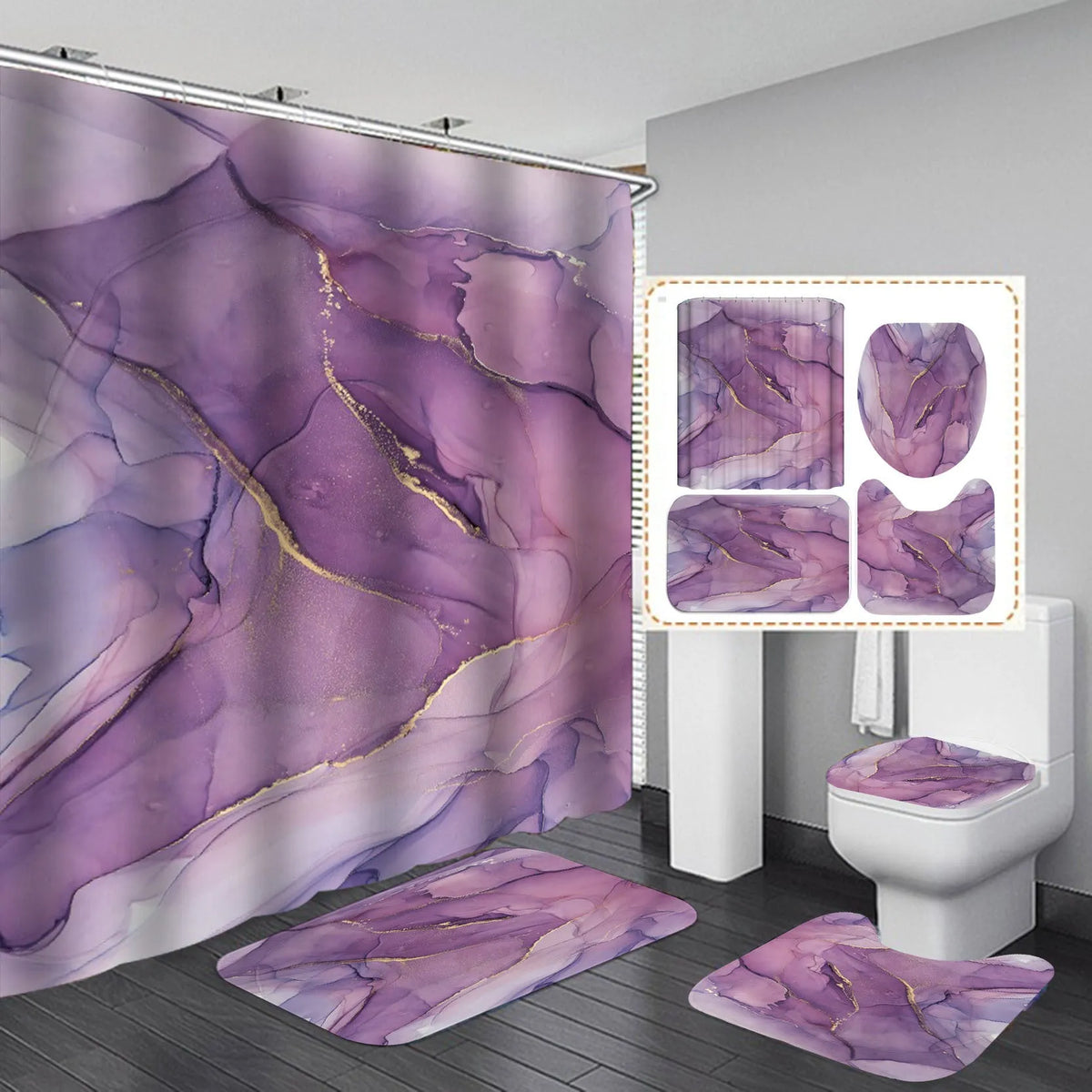 3D geometric waterproof polyester shower curtain with flannel bath mats in a modern bathroom setting