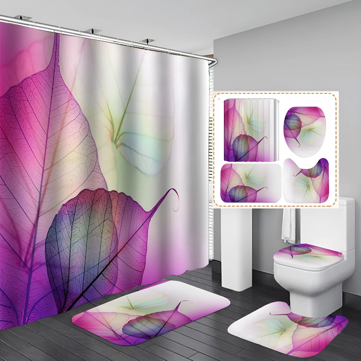 3D geometric waterproof polyester shower curtain with flannel bath mats in a modern bathroom setting