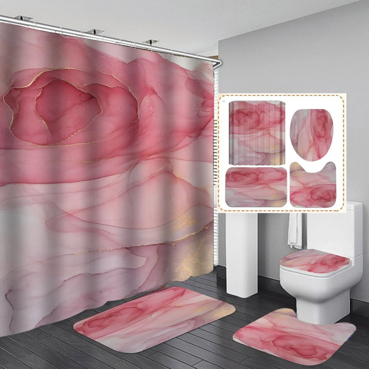 3D geometric waterproof polyester shower curtain with flannel bath mats in a modern bathroom setting