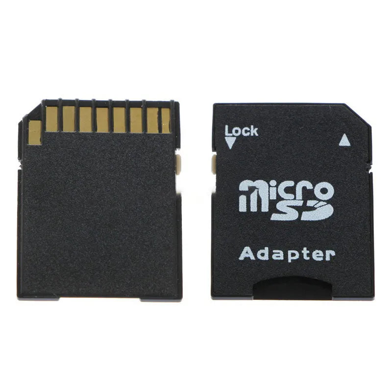 Five black Micro SD to SD card adapters showing lock switch and compact size