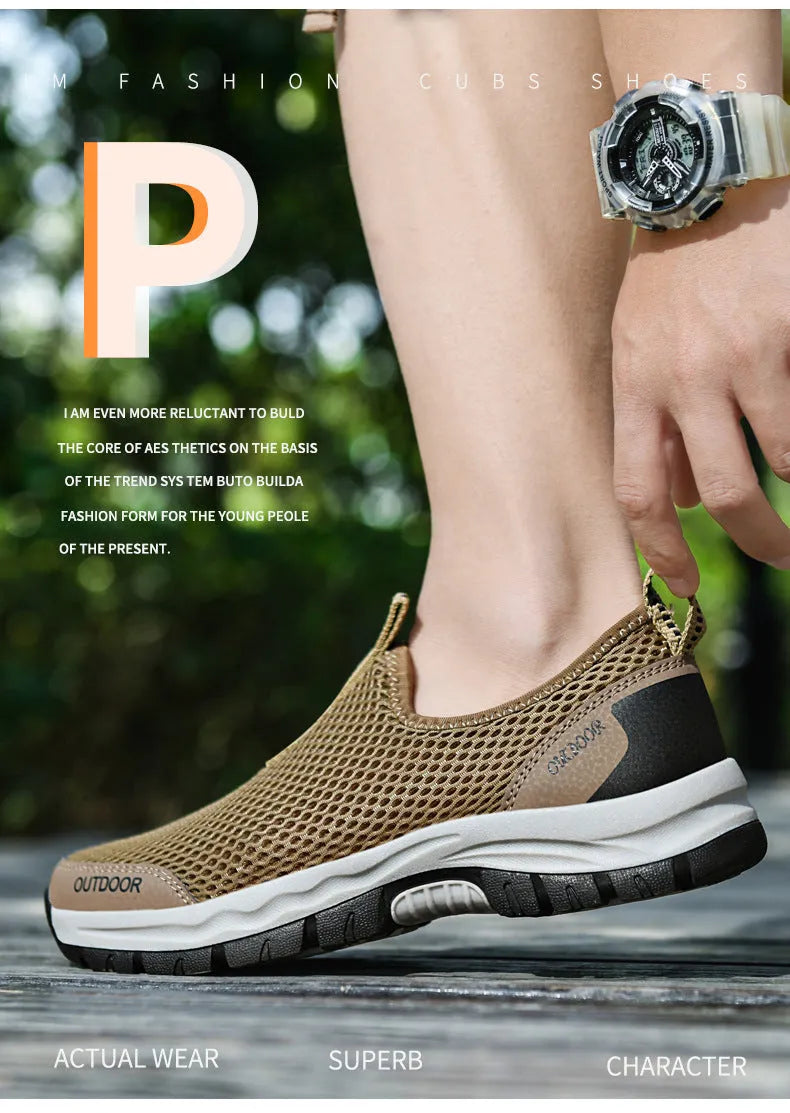 Breathable hollow mesh slip-on lazy shoes for men in black solid colour low-top design