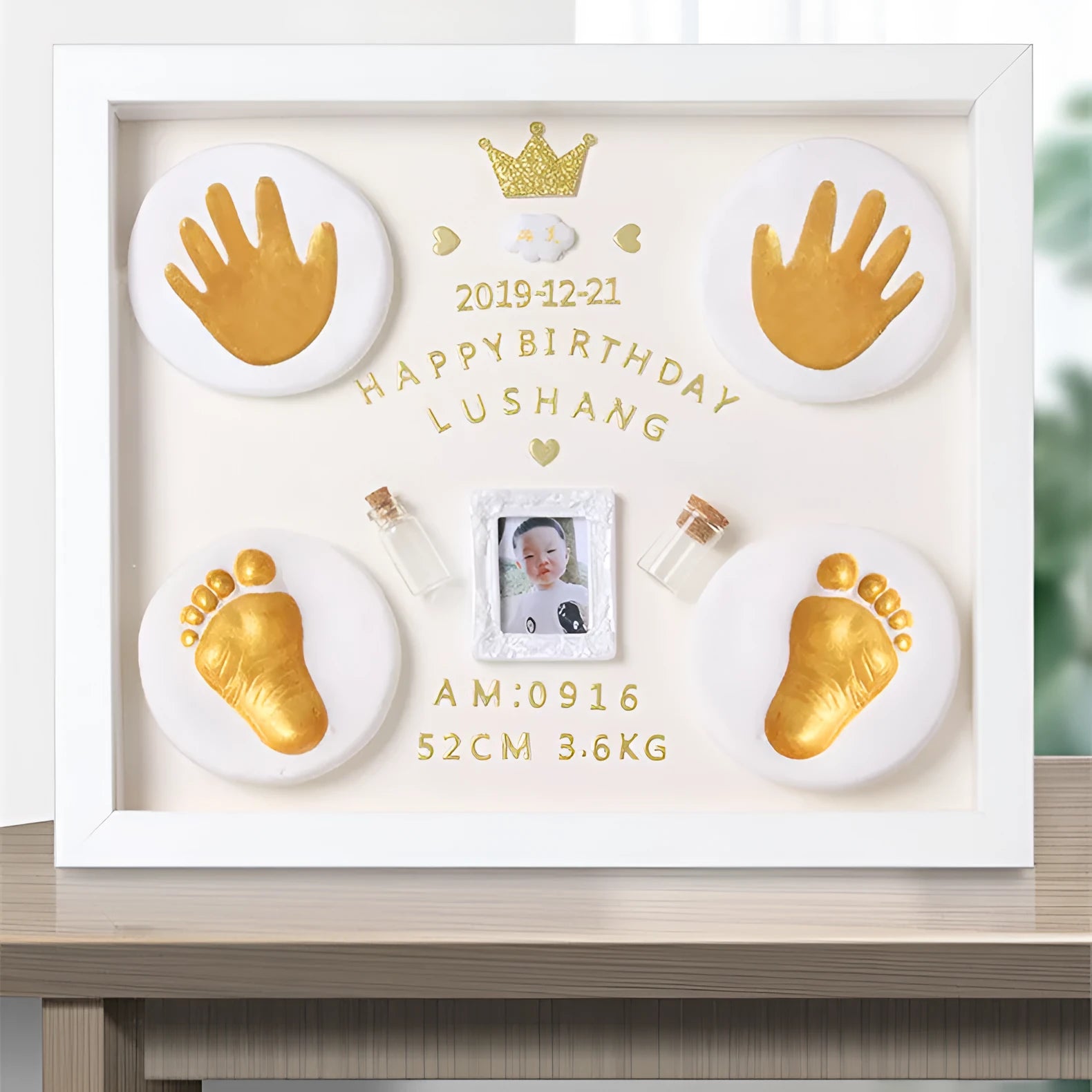 Baby hand and foot print frame with digital warm light display in solid wood or MDF frame