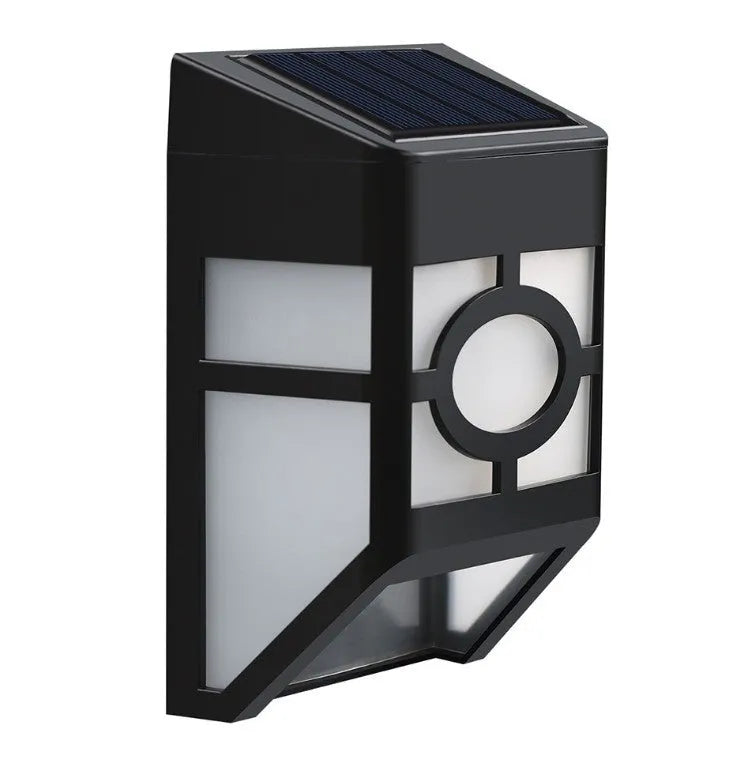 Retro-style white plastic solar wall light with two LEDs and a manual switch on the front.