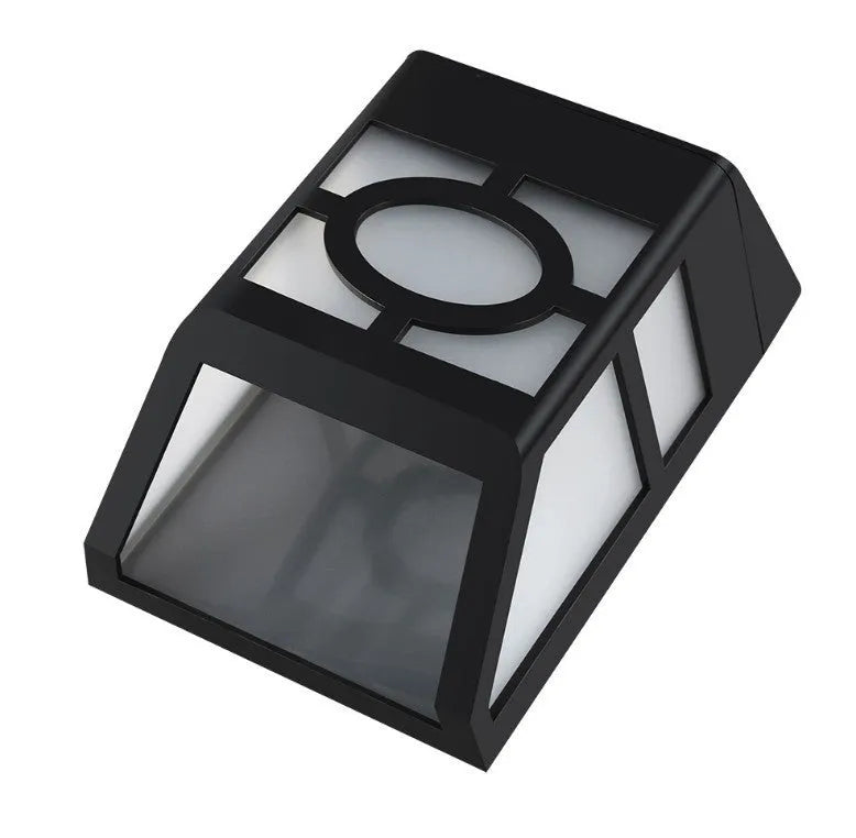 Retro-style white plastic solar wall light with two LEDs and a manual switch on the front.