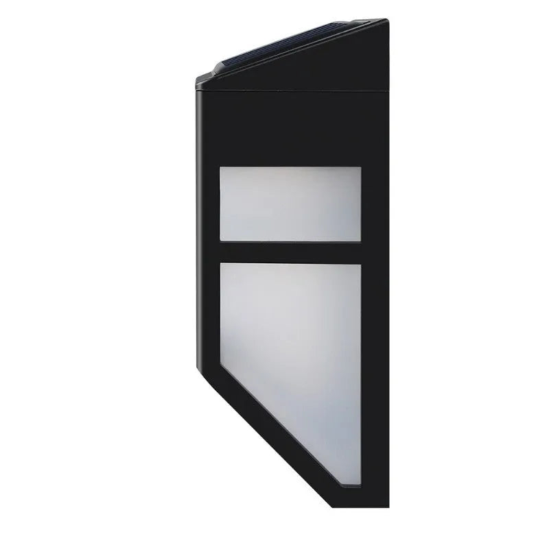 Retro-style white plastic solar wall light with two LEDs and a manual switch on the front.