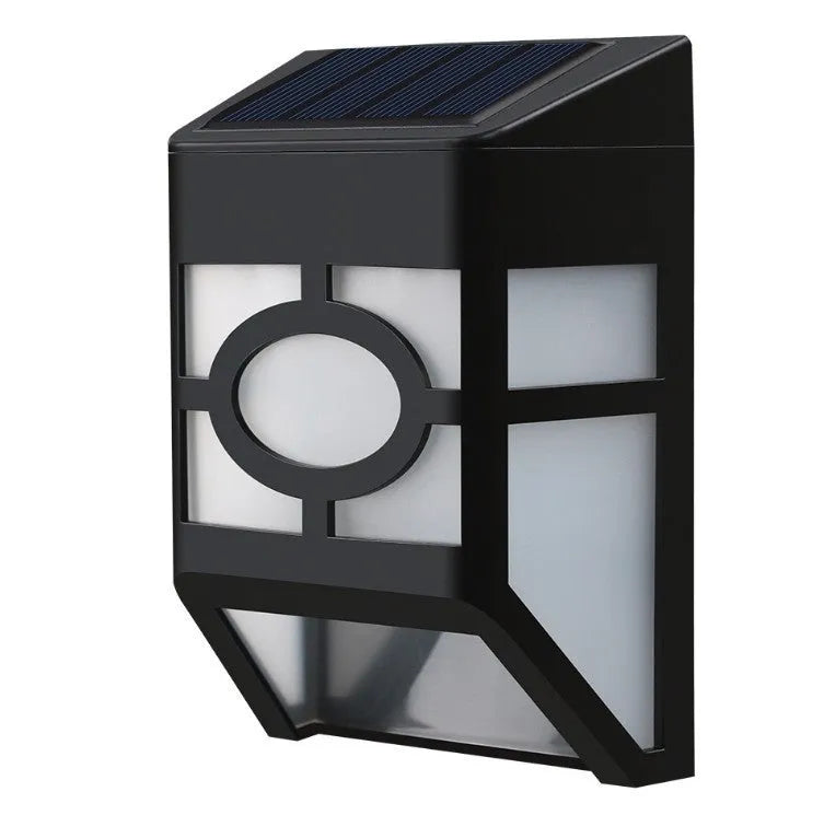 Retro-style white plastic solar wall light with two LEDs and a manual switch on the front.