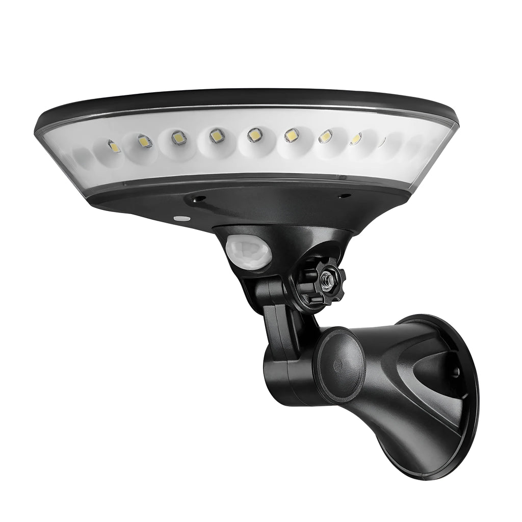 White ABS solar-powered outdoor light with 360-degree luminous design and motion sensor.