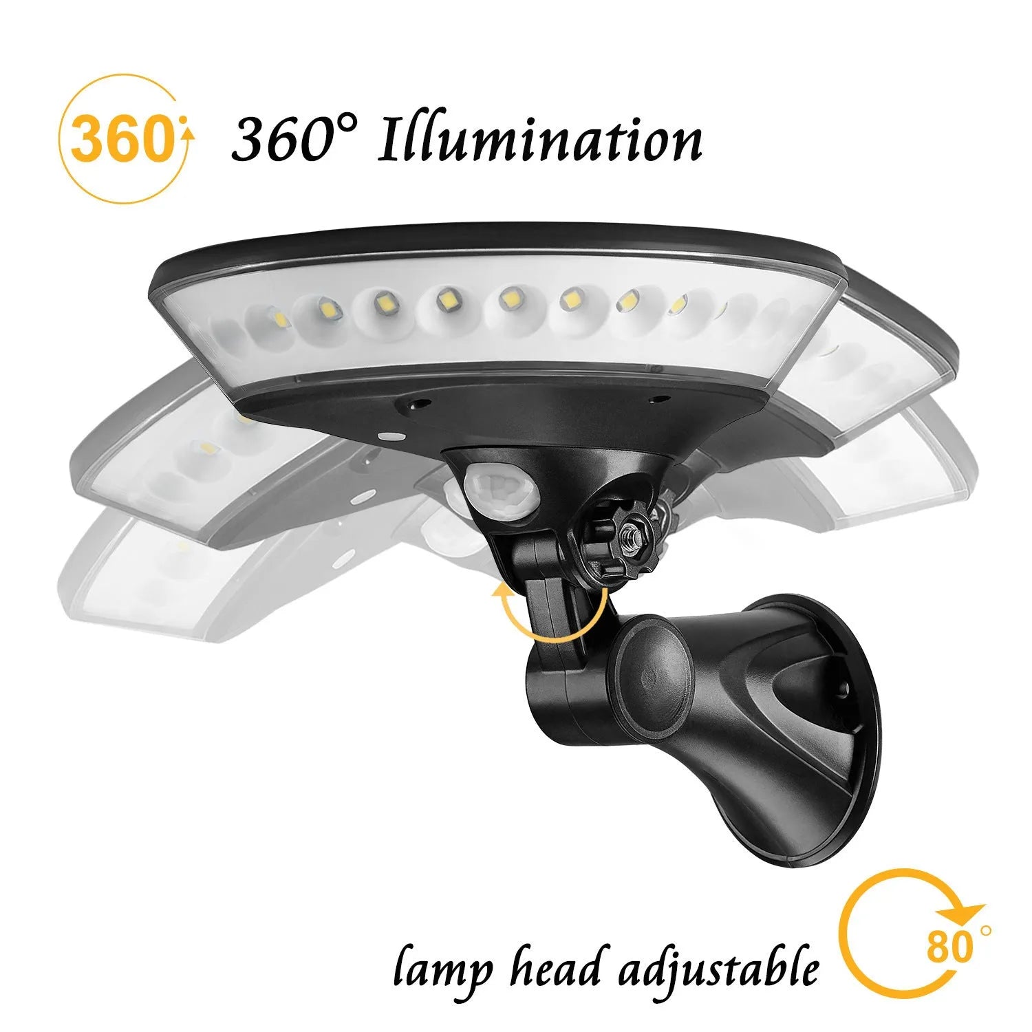 White ABS solar-powered outdoor light with 360-degree luminous design and motion sensor.