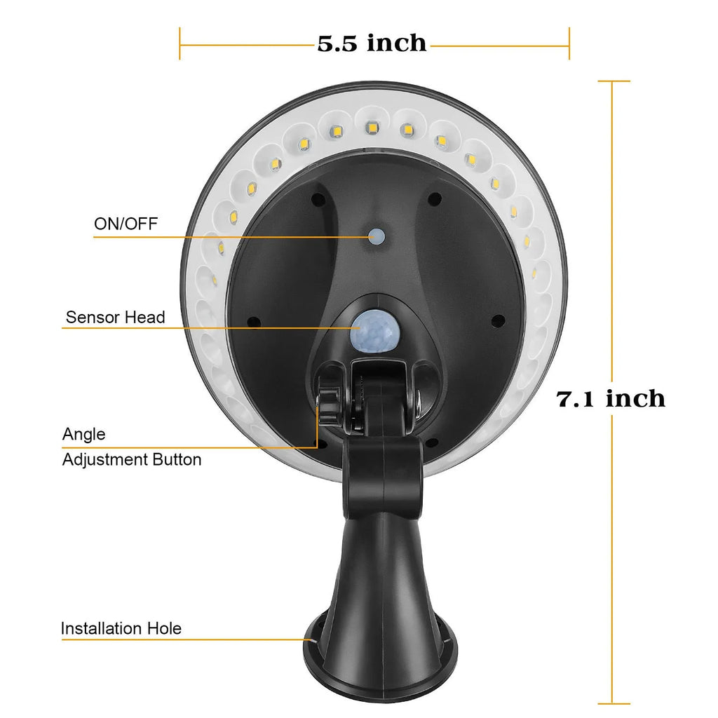 White ABS solar-powered outdoor light with 360-degree luminous design and motion sensor.