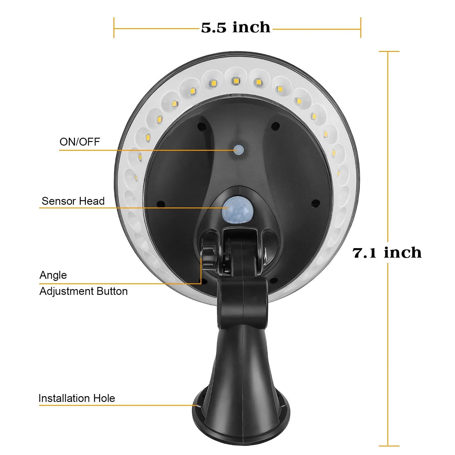 White ABS solar-powered outdoor light with 360-degree luminous design and motion sensor.