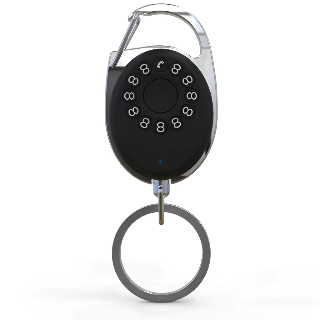 Black Bluetooth anti-lost tracker keychain with selfie function, shown next to keys for scale