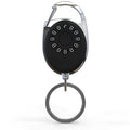 Black Bluetooth anti-lost tracker keychain with selfie function, shown next to keys for scale