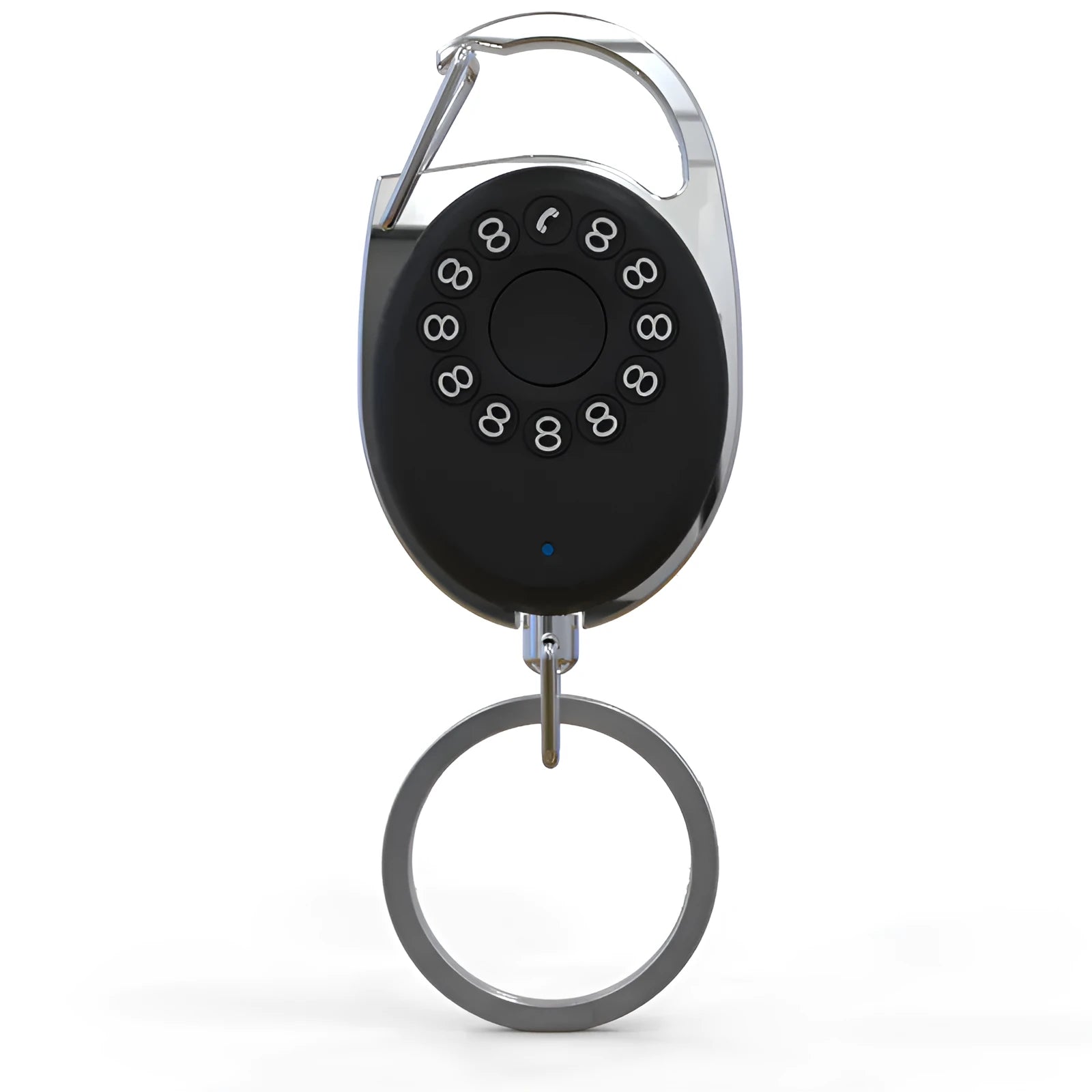 Black Bluetooth anti-lost tracker keychain with selfie function, shown next to keys for scale