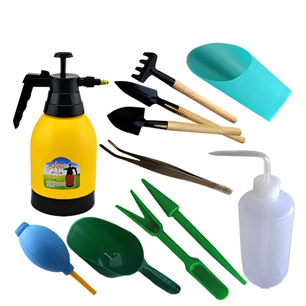 Gardening tool set for succulents with tweezers, duster, shovel, spray bottle, sowing artefact, and blue-orange seedling cloth.