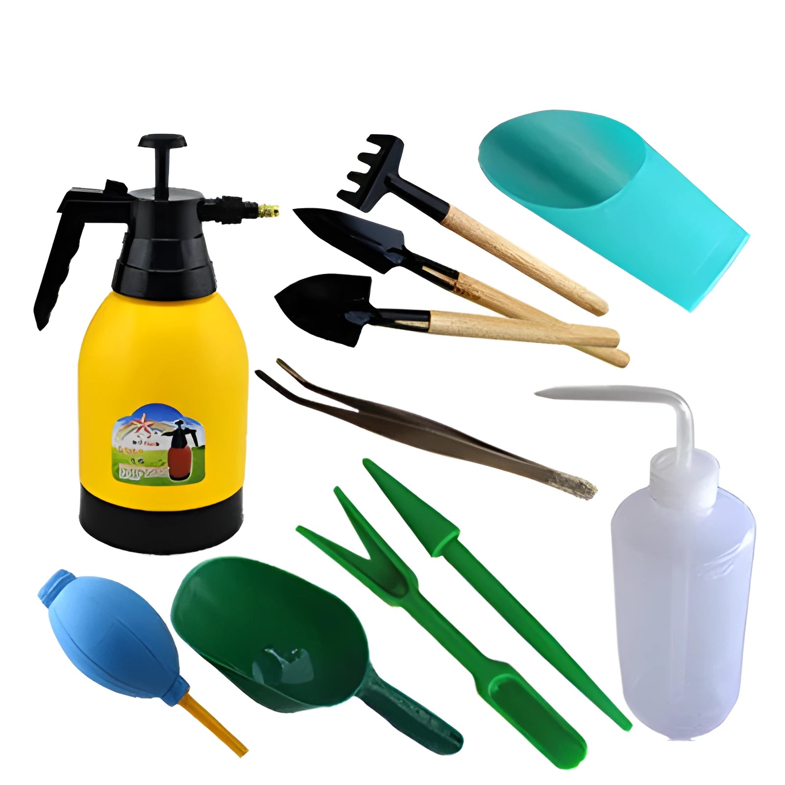 Gardening tool set for succulents with tweezers, duster, shovel, spray bottle, sowing artefact, and blue-orange seedling cloth.