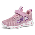 Children's pink and purple mesh sneakers with Velcro strap and cartoon pattern.