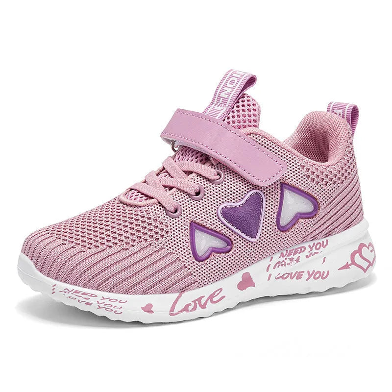 Children's pink and purple mesh sneakers with Velcro strap and cartoon pattern.