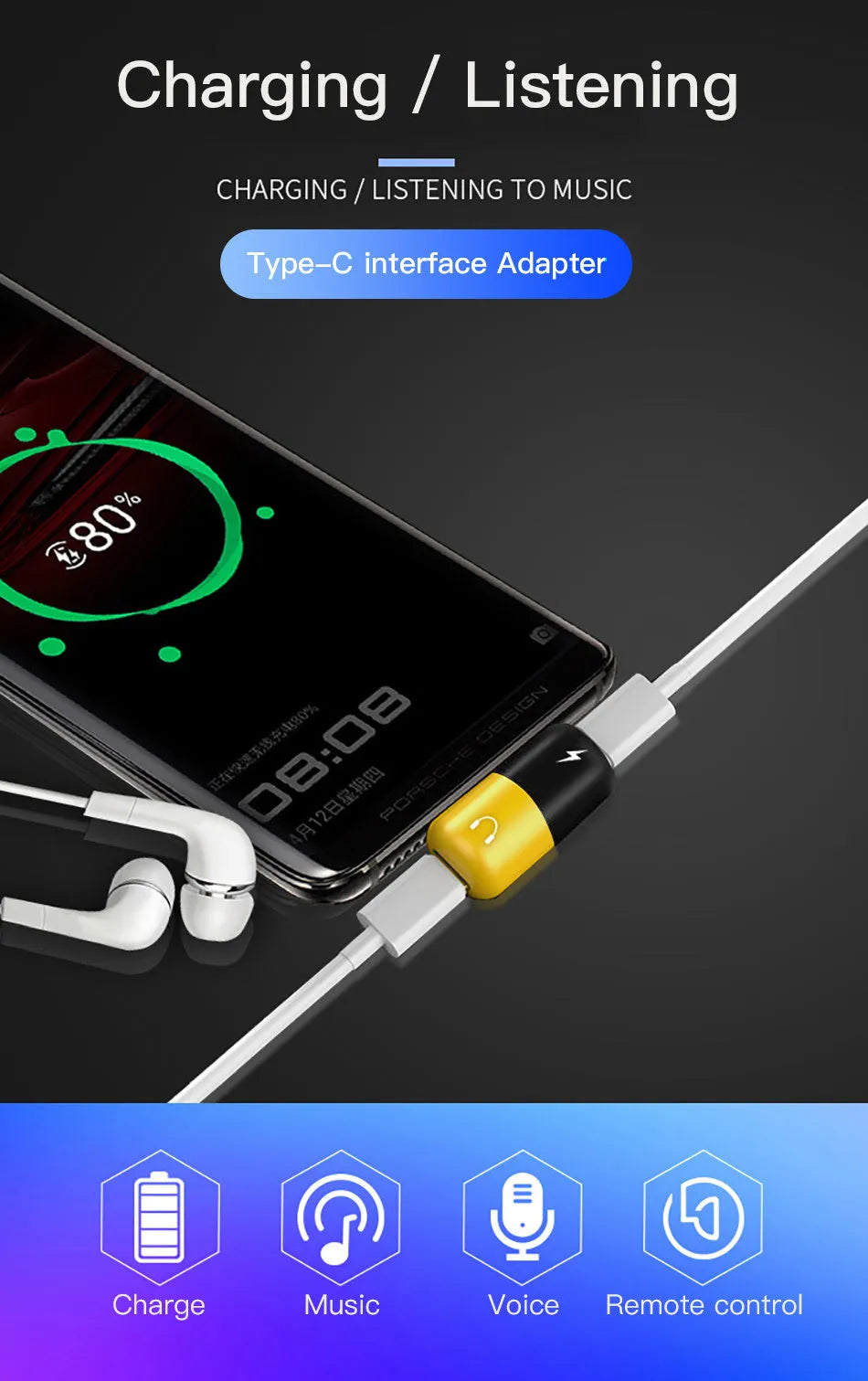 Blue 2-in-1 charging and audio splitter case for Huawei and Honor Android mobile phones.