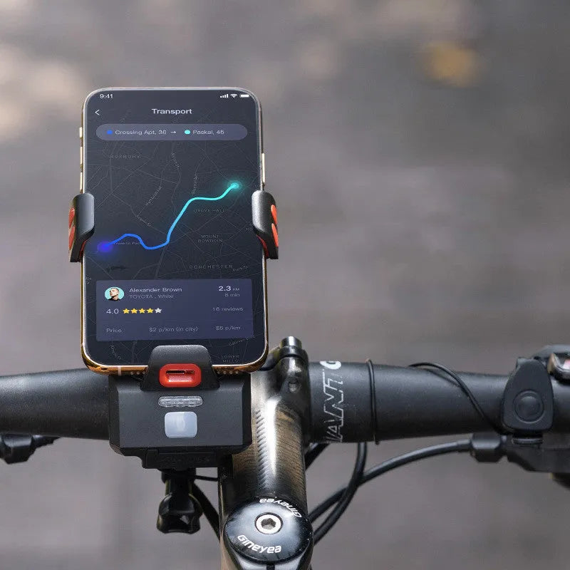 Black 4 in 1 cycling phone holder with 400 lumens front light and ABS body