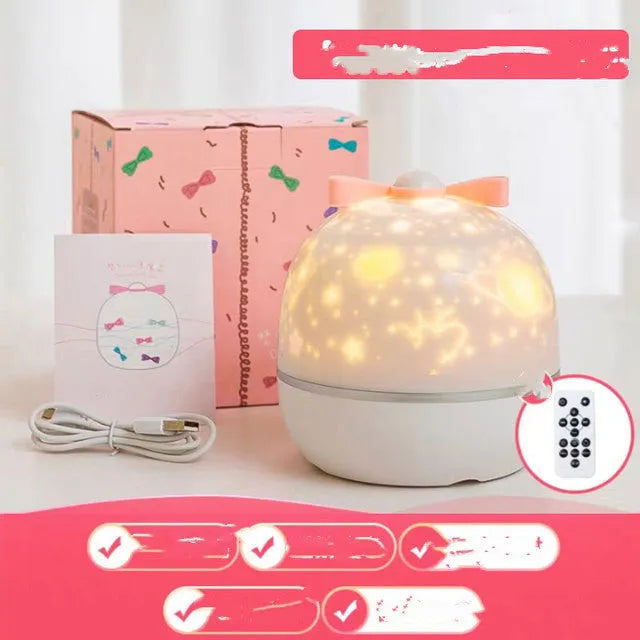 Rotating star projector night light with six film discs and rechargeable battery