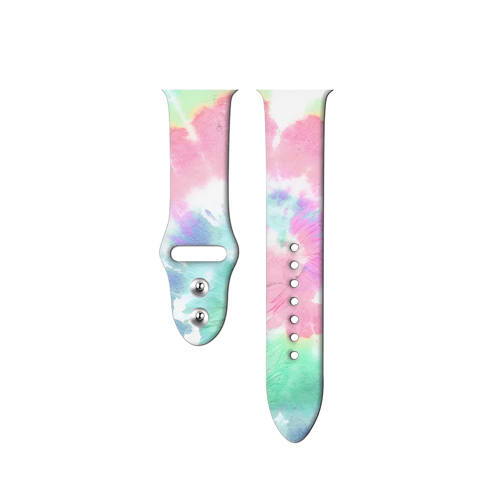 Colourful tie-dye silicone Apple Watch band with connector, shown alongside long and standard length options.