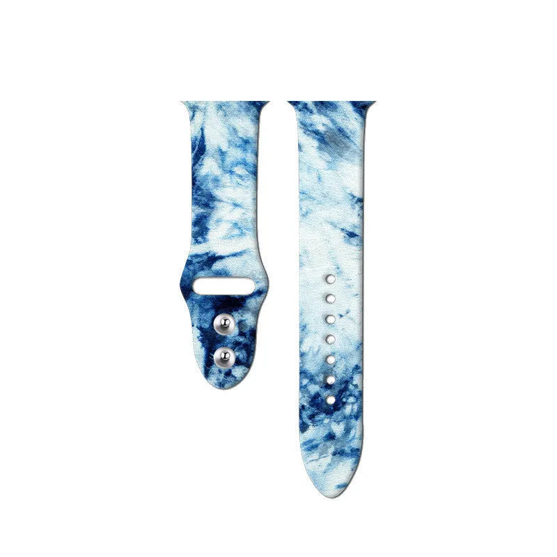Colourful tie-dye silicone Apple Watch band with connector, shown alongside long and standard length options.