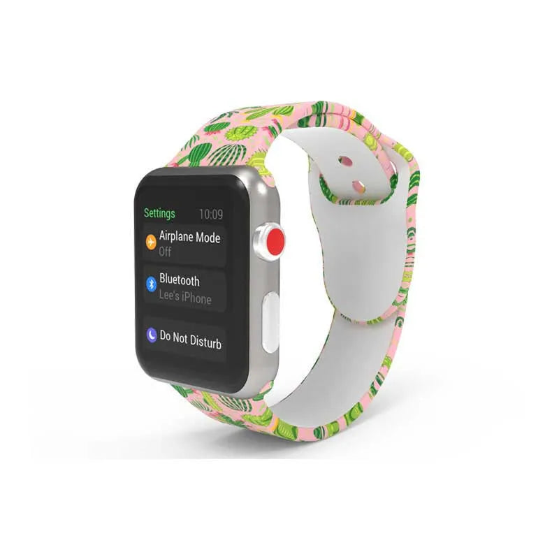 Colourful tie-dye silicone Apple Watch band with connector, shown alongside long and standard length options.