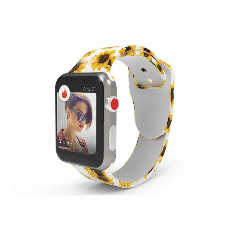 Colourful tie-dye silicone Apple Watch band with connector, shown alongside long and standard length options.